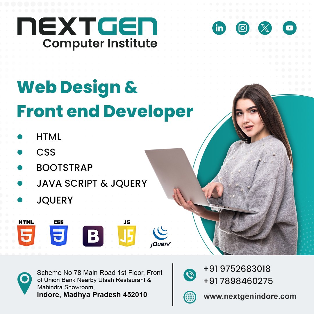 NextGenCom25318's tweet image. 🎯 Wanna Be a Web Developer? Start Here!
📍 Opp. Union Bank, Utsah Restaurant ke paas, Scheme No. 78 vijay nagar
📞 Call Now: 9752683018 | 7898460275
#CodingClassesIndore #HTMLCSS #BootstrapCourse #JavaScriptLovers #jQueryDeveloper #IndoreComputerClasses #ComputerInstituteIndore