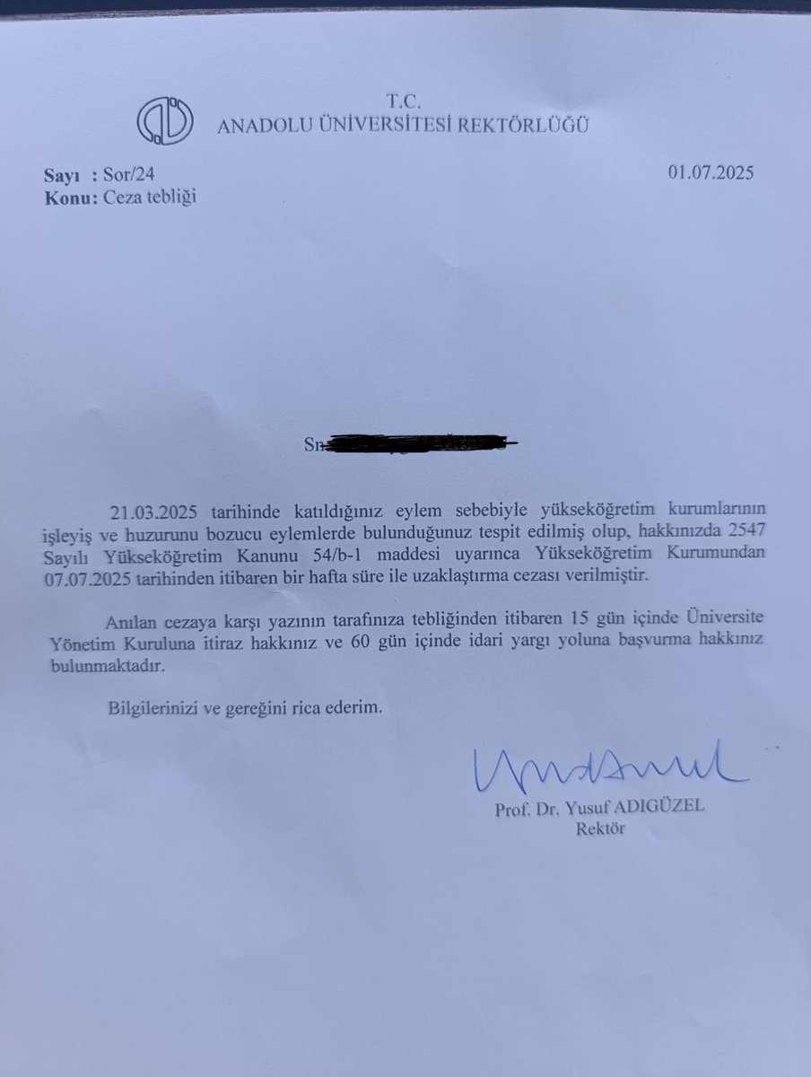 gdevirecek's tweet image. Anadolu Üniversitesi kayyım rektörü 19 Mart isyanı sürecinde eylemlere katılan içlerinde yoldaşlarımızın da olduğu birçok kişiye soruşturma açmıştı. Süreç sonucunda yoldaşımıza okuldan uzaklaştırma cezası verildi.
Kayyım rektörün öğrencileri yıldırmak için başlattığı…