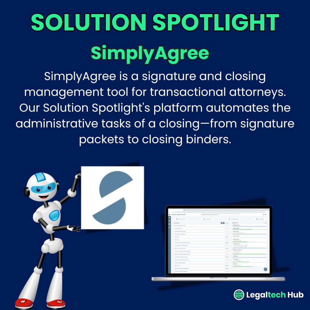 SimplyAgree is a signature and closing management tool for transactional attorneys. Our Solution Spotlight's platform automates the administrative tasks of a closing—from signature packets to closing binders. Learn more: hubs.li/Q03ybtYr0

#legaltech #LTH #Solutionspotlight