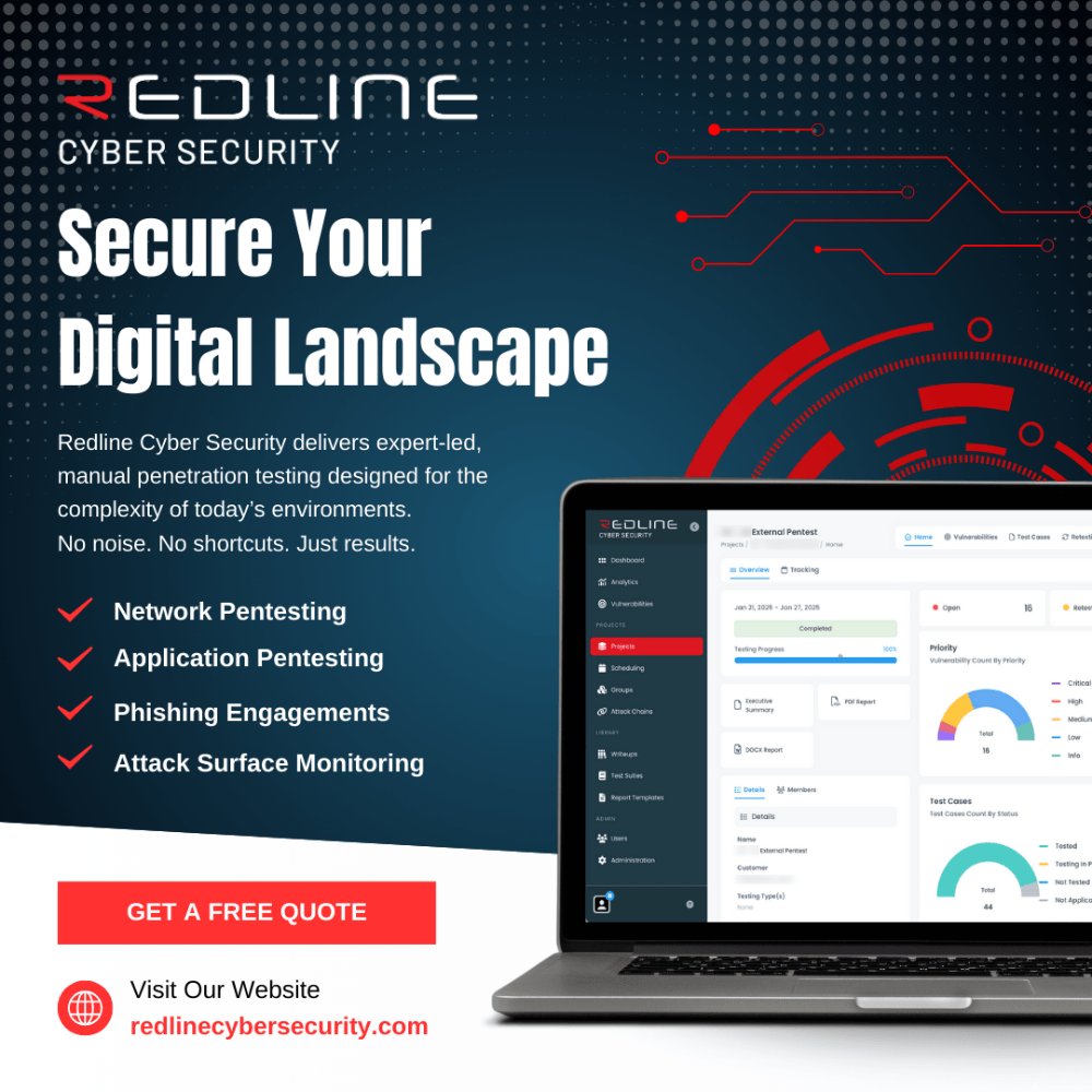 CyberRedline's tweet image. Secure your digital landscape with pentesting that delivers real results.

• Network &amp;amp; Wireless Pentesting
• Web, Mobile, API &amp;amp; Cloud Testing
• Phishing Engagements &amp;amp; Social Engineering
• Continuous Attack Surface Monitoring

Get a free quote. 👇 

#RedlineCyberSecurity