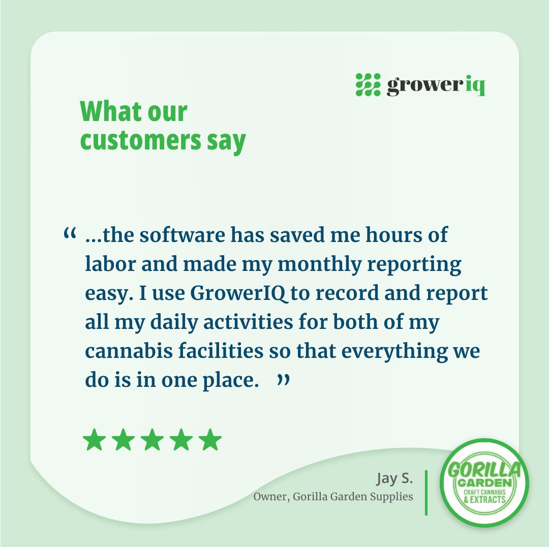 Grateful for the kind words from Jay at Gorilla Garden Supplies 🌱

It’s always rewarding to hear how GrowerIQ helps simplify operations and save producers valuable time. 💪