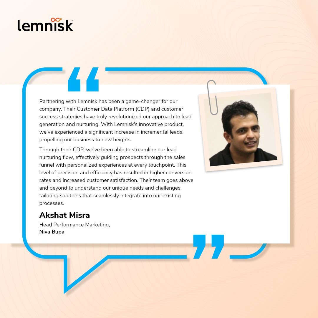 LemniskCo's tweet image. #Lemnisk's #AI-driven #CDP has been instrumental in driving the lead generation process for @Niva_Bupa, enabling them to tailor personalized experiences for every lead.🚀
Thank you, @AkshatMisra11, for your appreciation.🌟
#martech #customertestimonial #customerdelight