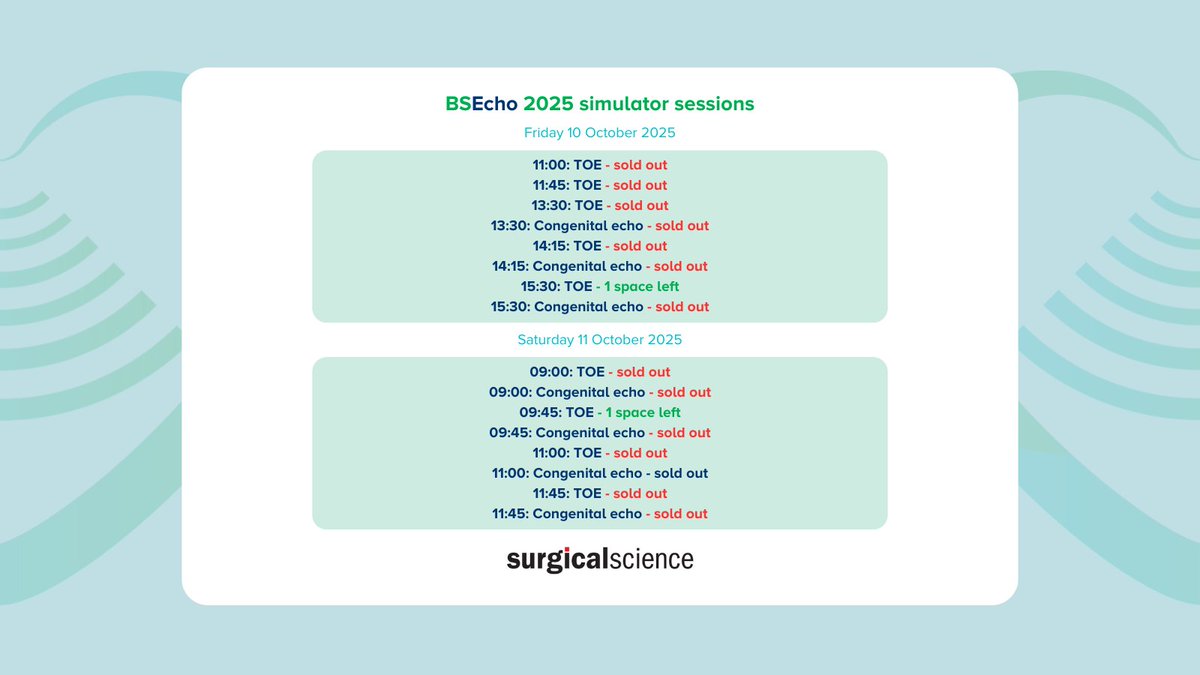 BSEcho's tweet image. There's just two places left for our #BSEcho2025 simulator sessions! Our industry partners @SurgicalScience are covering lots of great topics 👇
Already registered? Just head to the bottom of the booking page to add the sessions to your itinerary: ow.ly/N0c650WtoXW