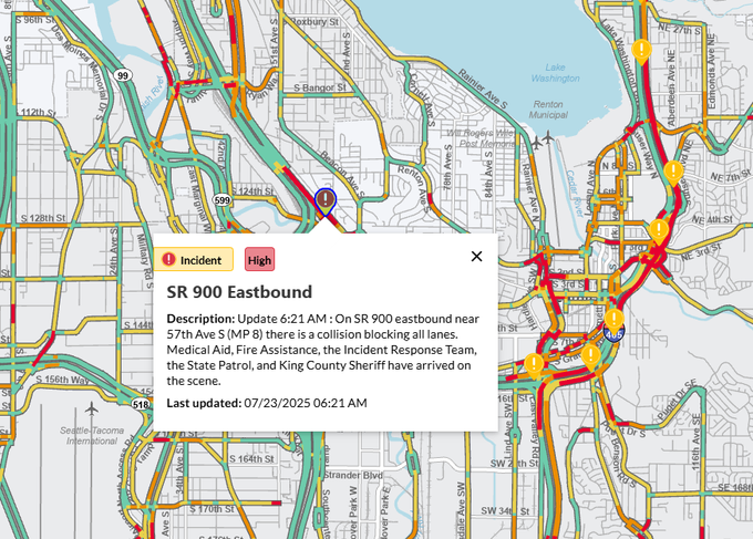 更新：由于碰撞，Tukwila附近的第57 Ave S（MP 8）向东的SR 900（MP