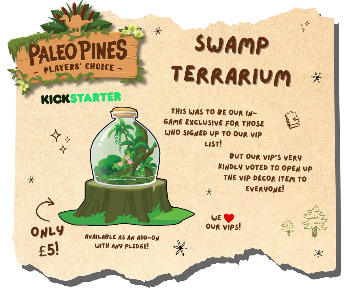 PaleoPines's tweet image. Our generous VIPs opened up their ranch decor item for everyone! ๐ฅนIf you missed the chance to sign up as a VIP, you can now get access to this exclusive item!
This gorgeous Swamp Terrarium is now available as an add-on on our Kickstarter! ๐ฟ bit.ly/3HlOPzZ