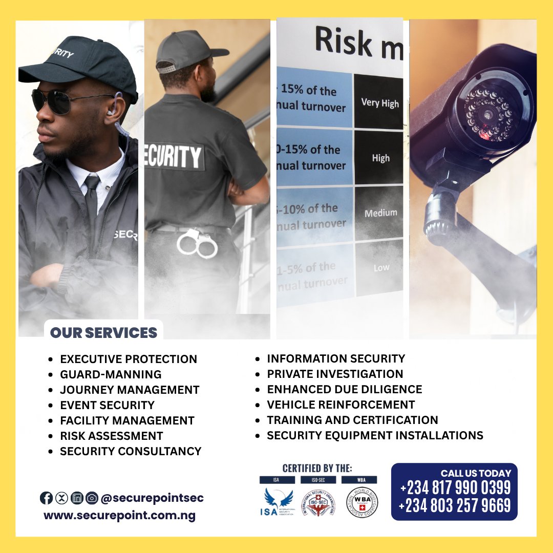SecurePoint Security Solutions Limited (@securepointsec) on Twitter photo Need reliable security in Nigeria?
SecurePoint offers:
๐น Executive Protection
๐น Risk Management
๐น Info Security
๐น CCTV Installs & more.
๐ +234 817 990 0399
๐ info@securepoint.com.ng
#SecurePoint #SecurityServices #NigeriaSecurity #PreventionProtectionSafety Need reliable security in Nigeria?
SecurePoint offers:
๐น Executive Protection
๐น Risk Management
๐น Info Security
๐น CCTV Installs & more.
๐ +234 817 990 0399
๐ info@securepoint.com.ng
#SecurePoint #SecurityServices #NigeriaSecurity #PreventionProtectionSafety