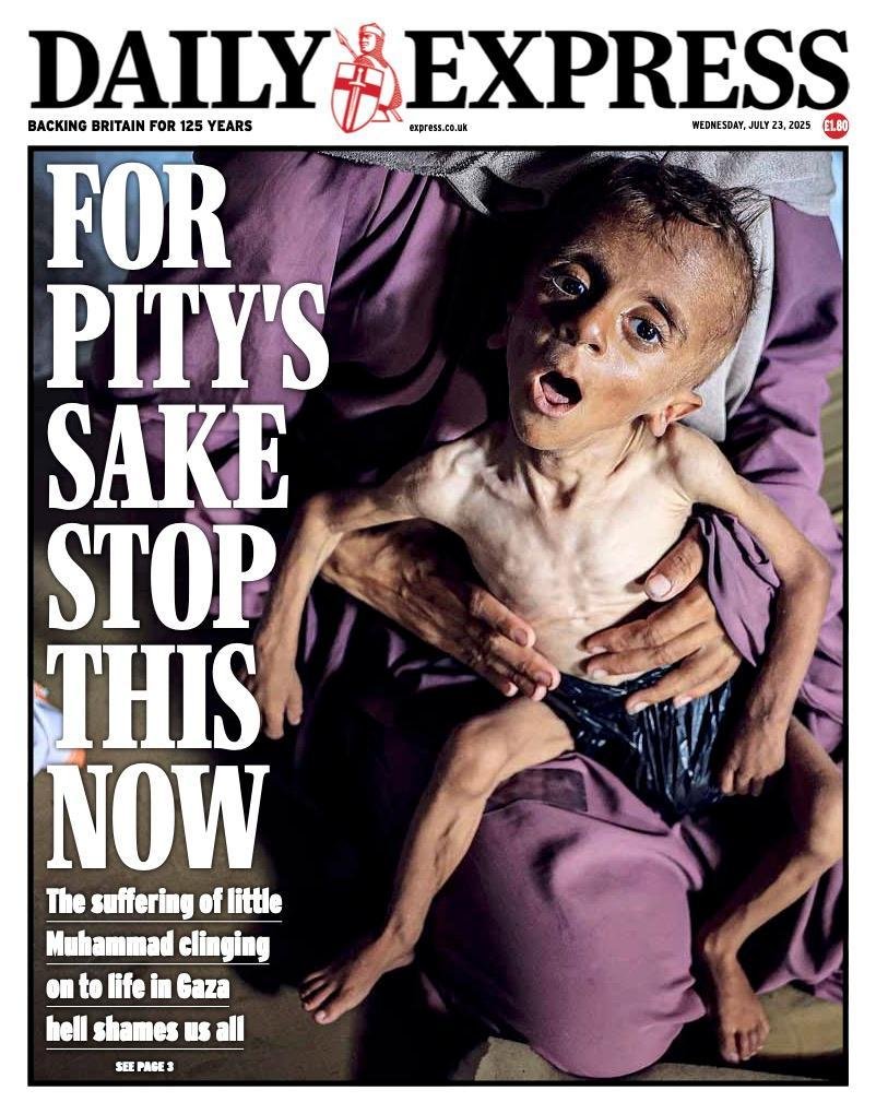CharliesIngalls's tweet image. 🇵🇸🇬🇧 Daily Express du 23 juillet 2025, journal de droite : "Pour l'amour de Dieu, arrêtez cela maintenant"
Par contre, nous en France, on a un ministre des Affaires étrangères @jnbarrot qui accusent les députées @emma_frr et @GabrielleCthl d'être "irresponsables" parce qu'elles…
