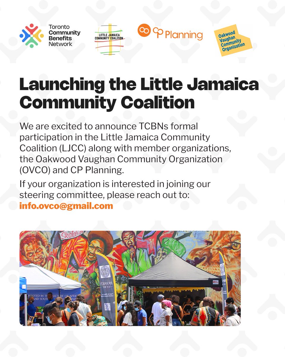 Toronto Community Benefits Network (@tcbn_to) on Twitter photo We are excited to announce TCBNs formal participation in the Little Jamaica Community Coalition (LJCC) along with member organizations, the Oakwood Vaughan Community Organization (OVCO) and <a href="/CPPlanning_/">CP Planning</a>
Read More: communitybenefits.ca/launching_the_…
#communitybenefits #littlejamaica We are excited to announce TCBNs formal participation in the Little Jamaica Community Coalition (LJCC) along with member organizations, the Oakwood Vaughan Community Organization (OVCO) and <a href="/CPPlanning_/">CP Planning</a>
Read More: communitybenefits.ca/launching_the_…
#communitybenefits #littlejamaica