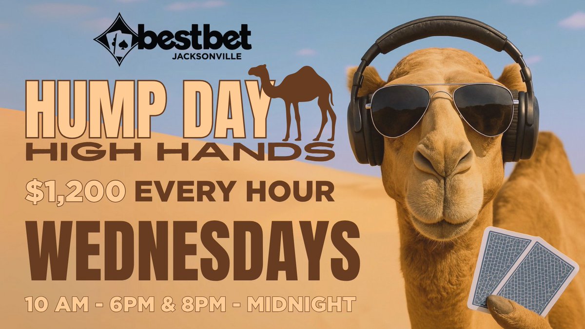 bestbet_jax's tweet image. NEW at bestbet Jacksonville! 🐫 HUMP DAY HIGH HANDS 🐫
EVERY Wednesday ⏰ 10 AM - 6PM & 8PM - Midnight 💰 $1,200 EVERY HOUR
🐫 $300 in the first 20 mins
🐫 $400 in the second 20 mins
🐫 $500 in the third 20 mins
#bestbetJAX #humpday #highhands #wednesdays #midweek #wincash