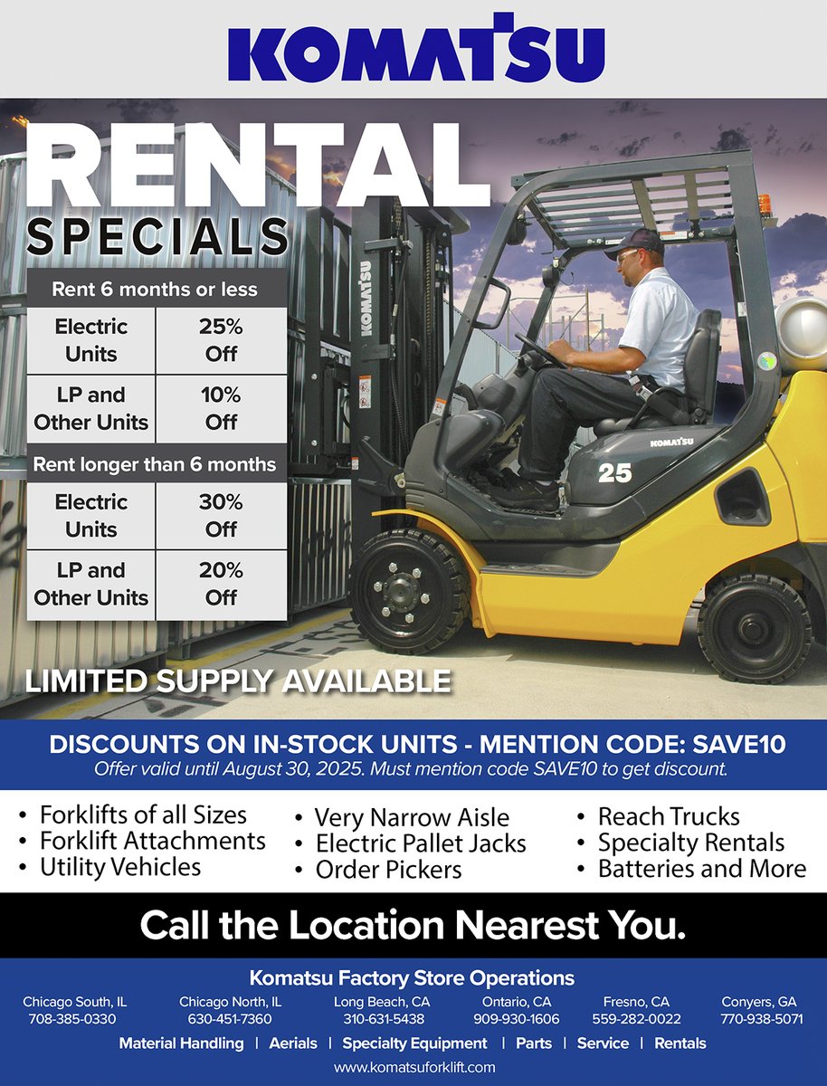 *** RENTAL SPECIALS ***

Up to 30% Off.

LIMITED SUPPLY AVAILABLE   SAVE ON IN-STOCK UNITS - MENTION CODE: SAVE10

Offer valid until August 30, 2025.

Must mention code SAVE10 to get discount.

Call 770-938-5071 to save on rentals.

#Komatsu #ForkliftRental #Atlanta #Georgia