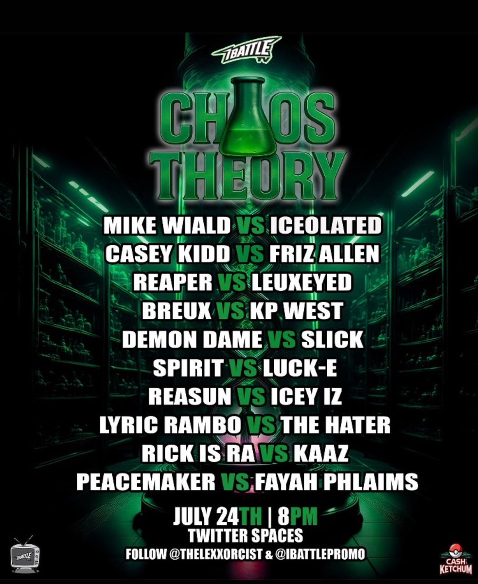Fifletta's tweet image. 🧪⚠️ @theSLicKkshow IN THE LAB! ⚠️🧪
🎙️ SLICK vs DEMON DAME
🧬 @iBattleTV presents: CHAOS THEORY
📅 JULY 24TH | 🕗 8PM EST
📍 TWITTER SPACES
They gave my guy a demon?
Better pray your WiFi holy… 👻
#ChaosTheory #iBattleTV #SlickTalk #BattleRapSpaces #SixOneTribe #Upstairs