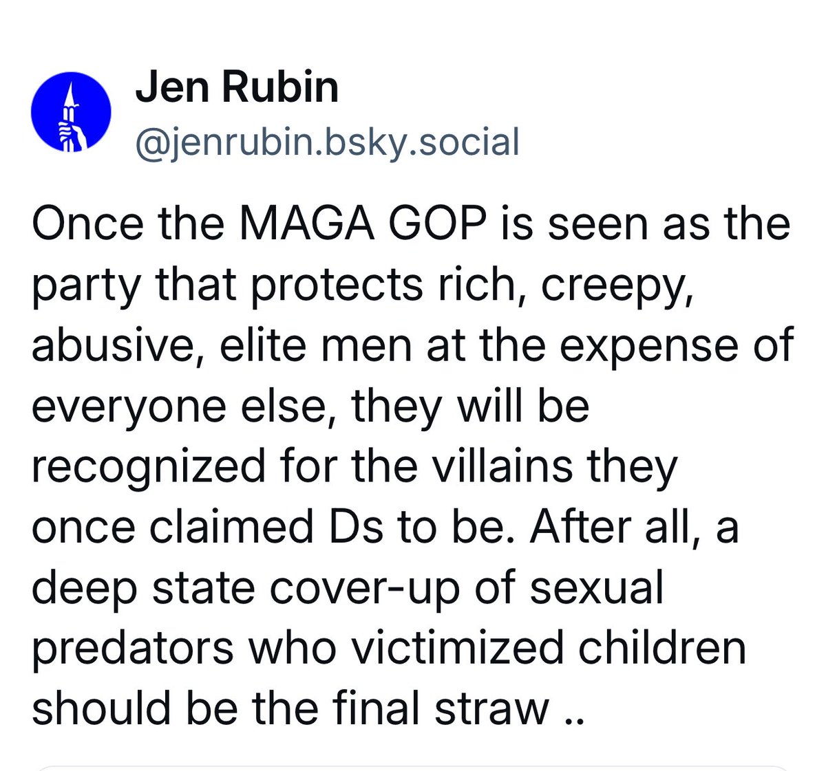 BlueskyLibs's tweet image. MAGA famously ignored the Epstein issue, while Jen Rubin waited 8 years to call for transparency.