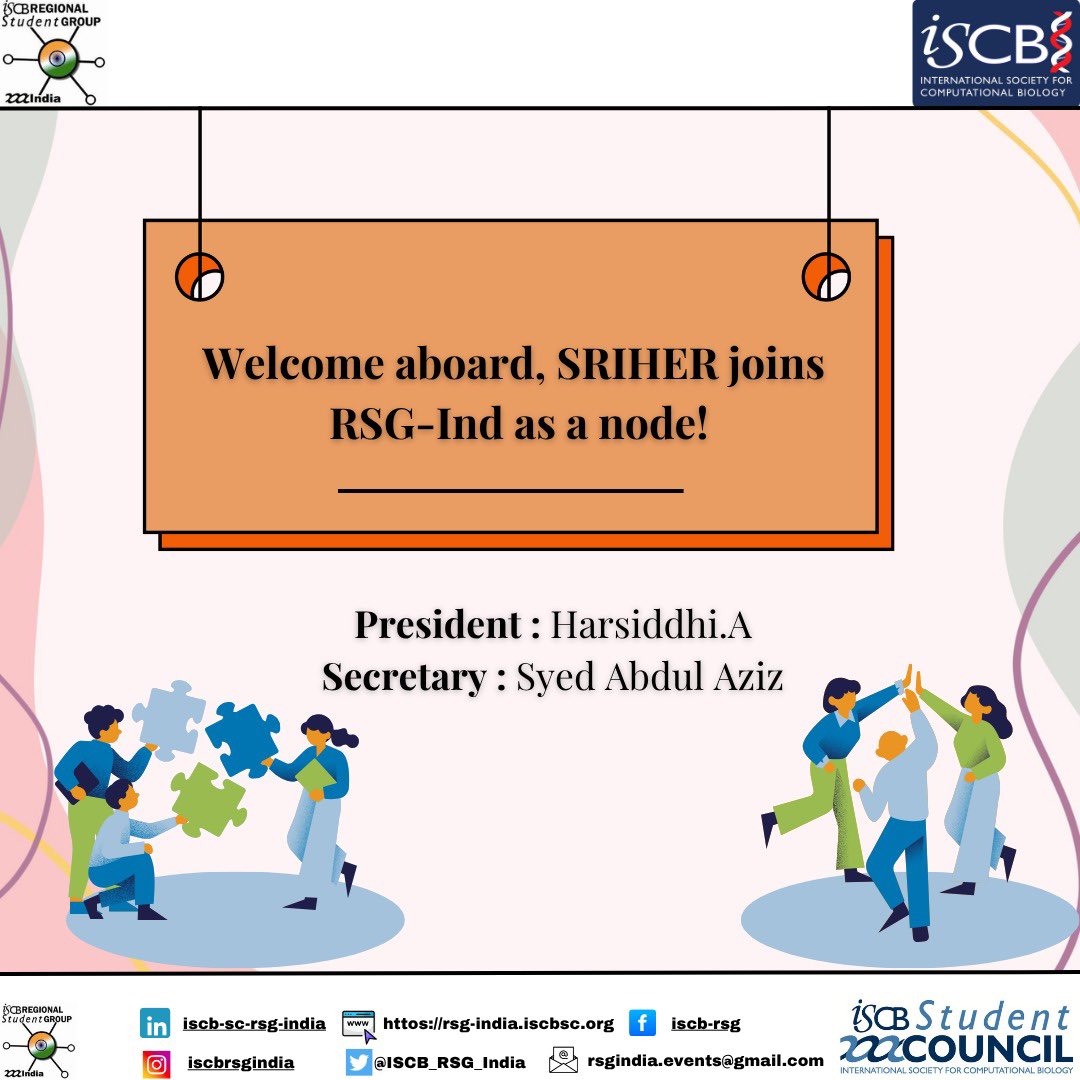 🚀 SRIHER joins as a RSG-India under the International Society for Computational Biology! 🎉

Leads: Harsiddhi A &amp; Syed Abdul Aziz
Mentors: Dr. Dicky John, Dr. Arundhati Mahesh, Dr. Abhinand

Looking forward to impactful collaborations in computational biology! 💡