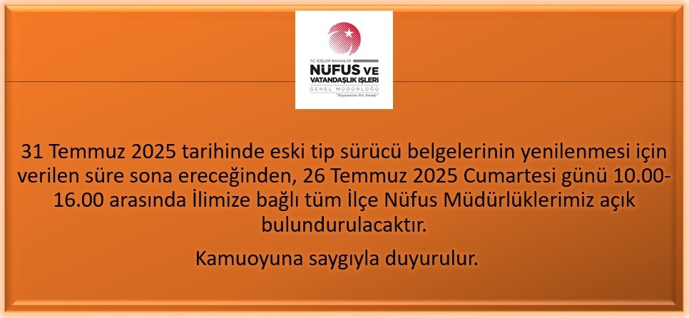 ManisaNufus's tweet photo. 31 Temmuz 2025 tarihinde eski tip sürücü belgelerinin yenilenmesi için verilen süre sona ereceğinden, 26 Temmuz 2025 Cumartesi günü 10.00-16.00 arasında İlimize bağlı tüm İlçe Nüfus Müdürlüklerimiz açık bulundurulacaktır.
@itasyapan 
@TCNufus 
@ManisaValiligi 
@AyseSerapGuney https://t.co/4LKgW0raiG