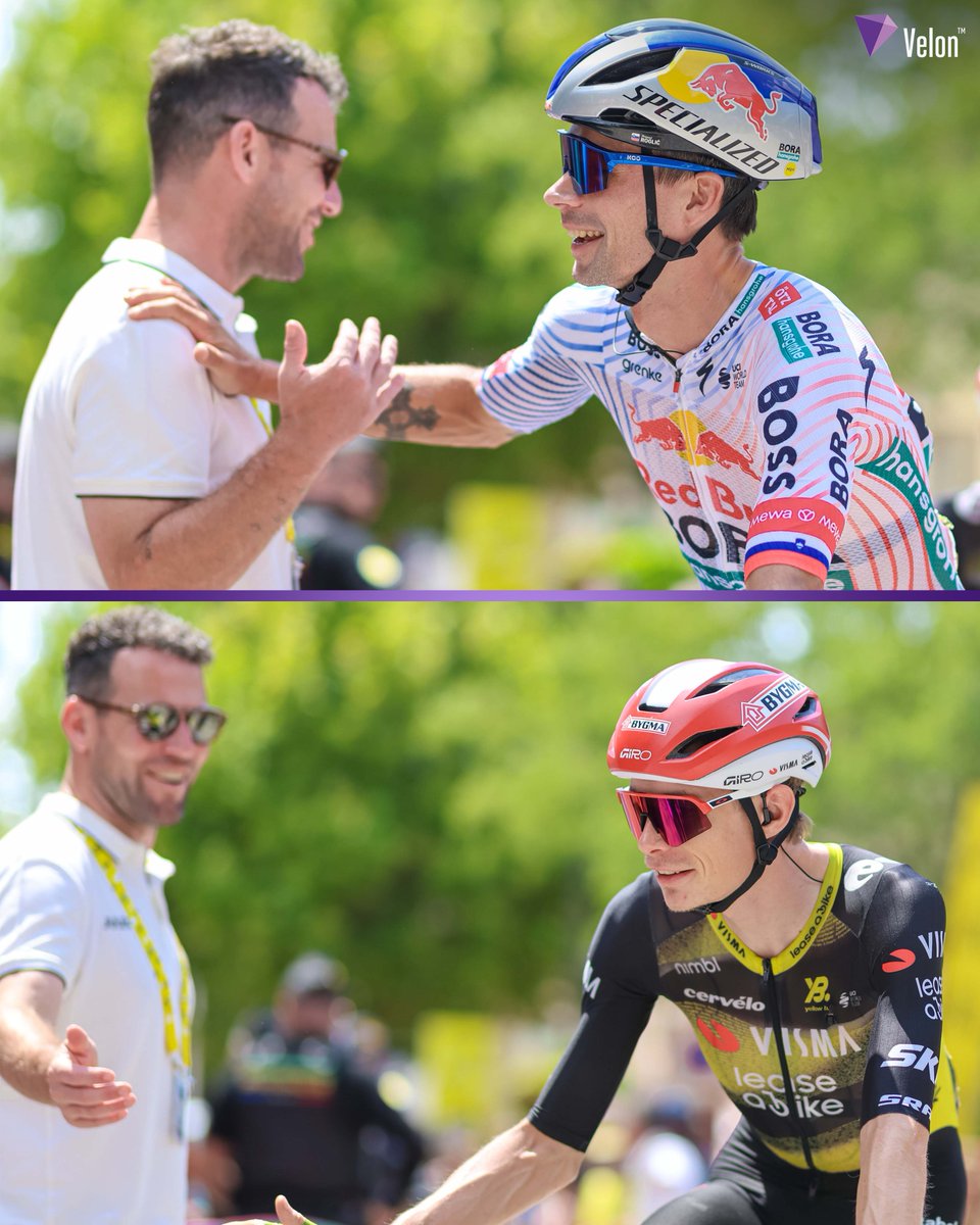 VelonCC's tweet image. 42 Tour de France stage wins between them ๐
Mark Cavendish, who holds the record for the most Tour de France stage wins with 35, greeted Primoลพ Rogliฤ and Jonas Vingegaard at the start of Stage 17.
๐ธ Sprint Cycling
______________
๐ซ๐ท #TDF2025