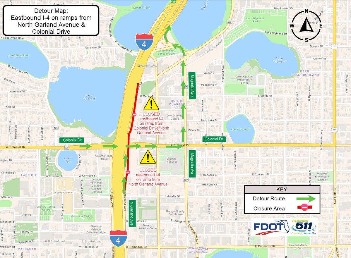 MyFDOT_CFL's tweet image. 𝐓𝐫𝐚𝐟𝐟𝐢𝐜 𝐀𝐝𝐯𝐢𝐬𝐨𝐫𝐲: Eastbound I-4 on ramps from N. Garland Ave. and Colonial Dr. will close overnight July 27–28 for pavement work, 8 p.m.–6 a.m. Right lane closures on I-4 EB also planned. Work may continue July 29 if needed. @OrangeCoFL @citybeautiful