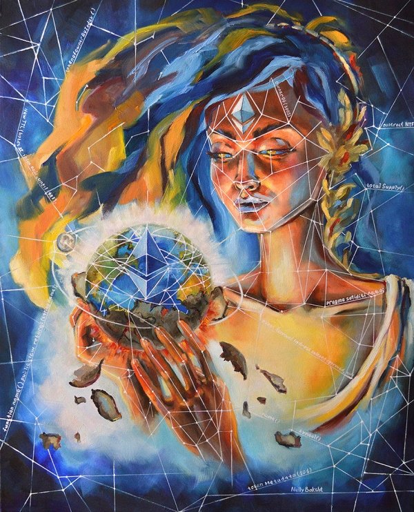 ArtbyNelly's tweet image. Ethereum turns 10 in 7 days.
"ethEra and Terra"
Goddess ethEra gently enfolds Terra reminding us that blockchain can serve, not scar, our living planet.