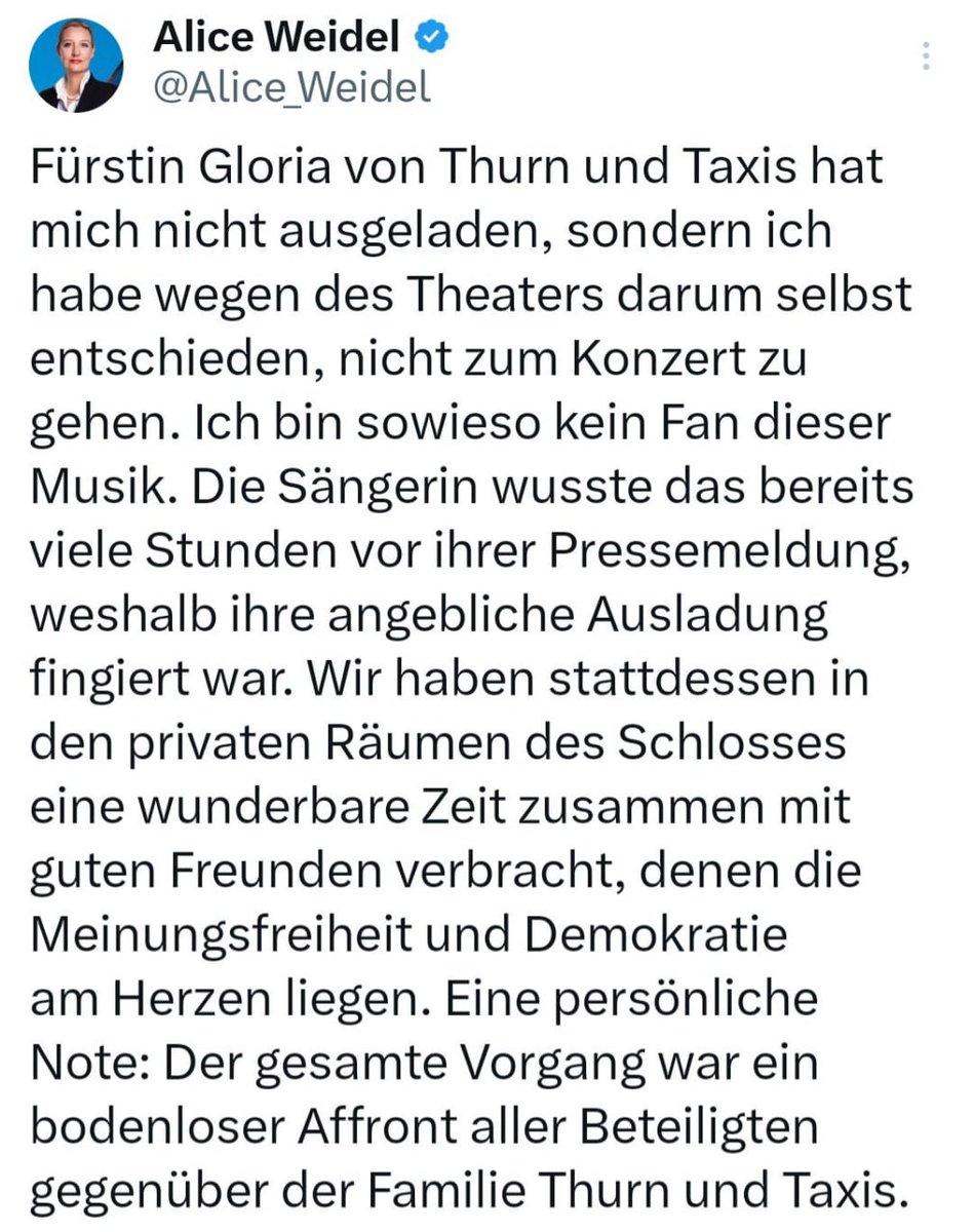 erdbeerbuegler's tweet image. 💥STELLUNGNAHME VON ALICE WEIDEL💥
Stellungnahme und Klarstellung von Alice Weidel zum Umgang mit der Fürstin und dem Fest.
🦅#TEAMHEIMAT🇩🇪