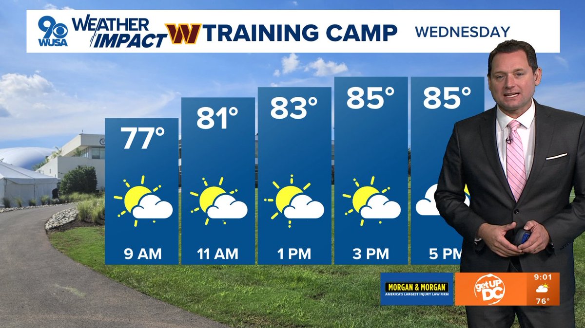 wusaweatherman's tweet image. A bit humid, but still not too #hot for @Commanders training camp. Near Ashburn, VA it's in the low-mid 70s to start the day. Our @Wisdommartintv has been there all morning long, reporting for @WUSA9, the official television station of the Washington Commanders! #WUSA9Weather