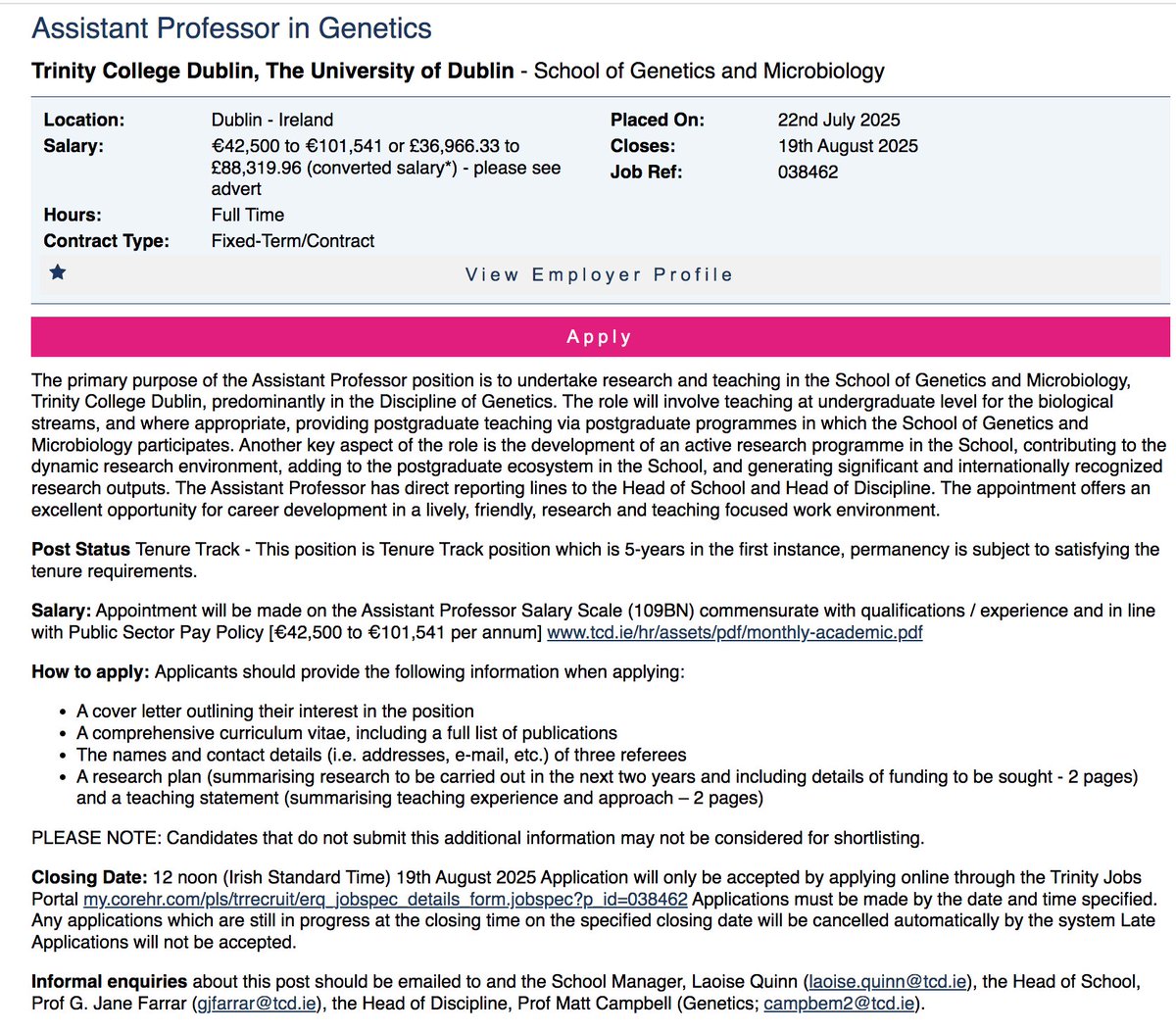 WiringTheBrain's tweet image. Very pleased to say we have an Assistant Professor job opening (tenure track) in the Department of Genetics at Trinity College Dublin! 😀
jobs.ac.uk/job/DOA399/ass… - deadline is August 19th! @tcdgenmicro @tcddublin