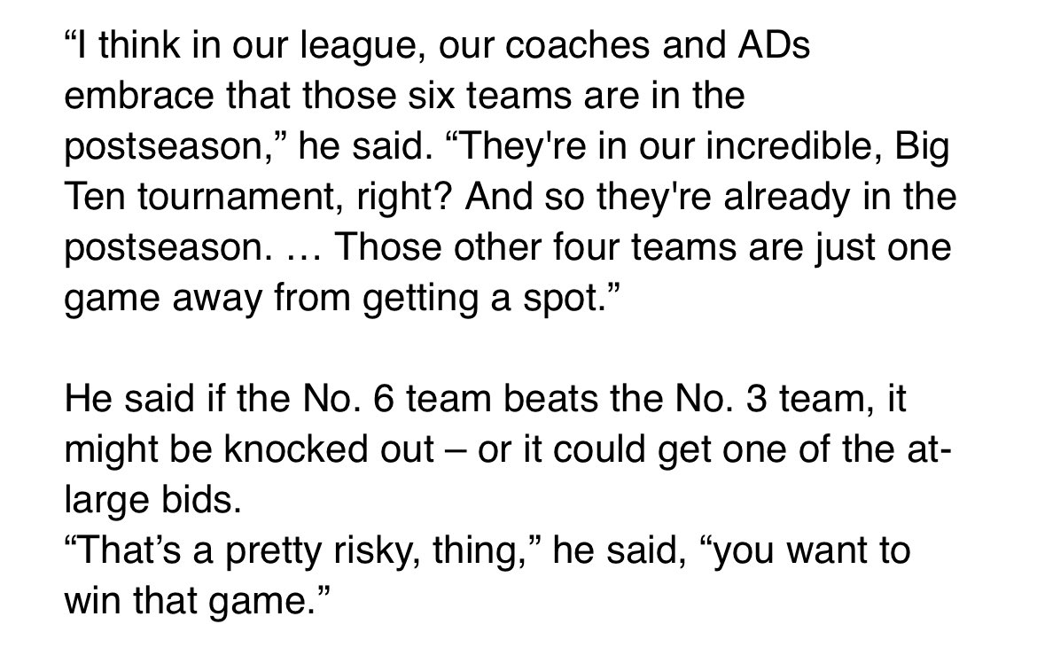 CFBHeather's tweet image. I asked him why he wants to limit the Big Ten to four playoff teams when it might get more. He talked about the six teams that would be in the play-in games to determine those four teams:
