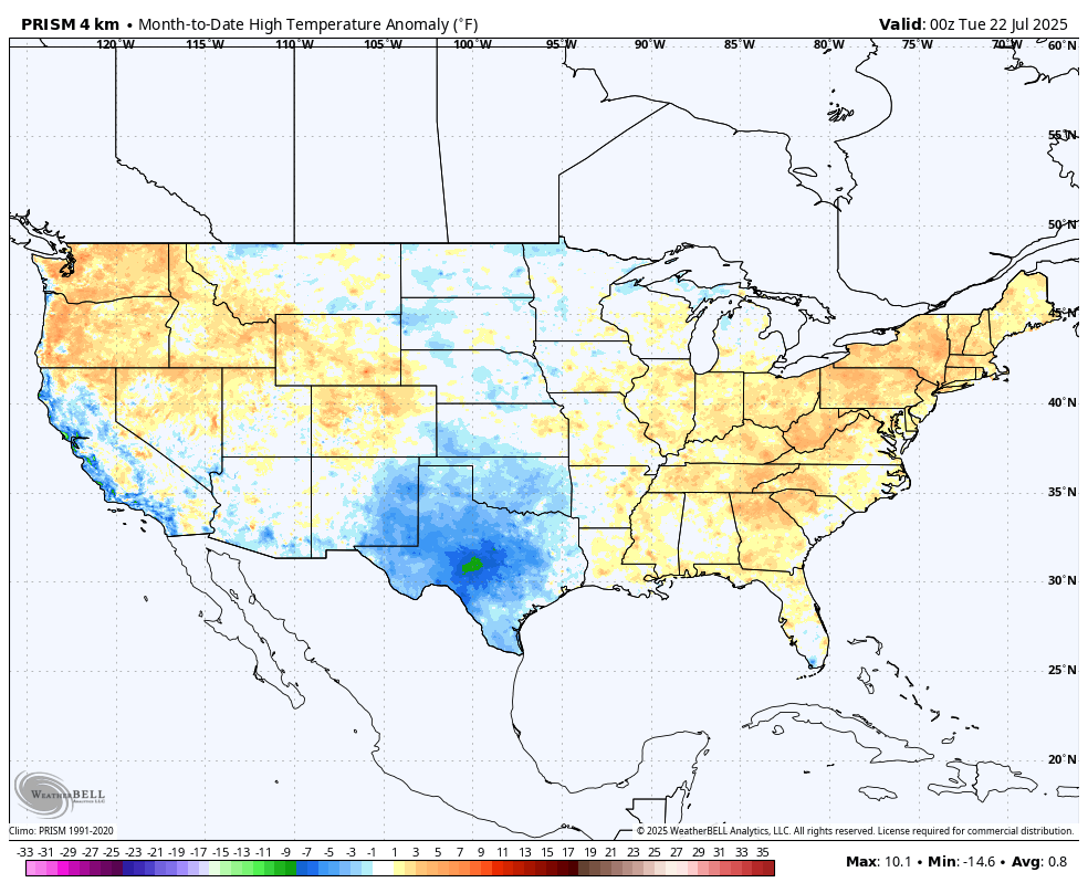 JunkScience's tweet image. 44 years of global warming down the drain: Three weeks through the month and the average maximum temperature in the US for July 2025 is cooler than for July 1981.