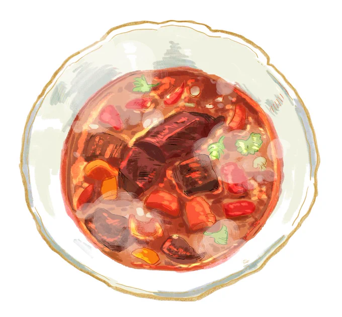 食い意地が張っているので食べ物の絵を描くのが楽しい これはシューベルトが好きな料理グーラッシュです(どう見てもシチューです)