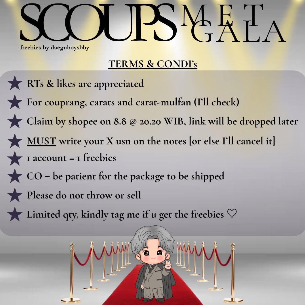 ⋆.˚✮SCOUPS Birthday Freebies✮˚.⋆
by <a href="/daeguboysbby/">Deyy ♡</a>

✦ RT &amp; like
✦ For couprang, carats &amp; carat-mulfan are welcome
✦ Claim by shopee on 8.8 @ 20.20 WIB (set 5.895 no rf) link will be dropped later

Pls read the TnC below
DM for trade

limited qty, kindly tag me if u get♡