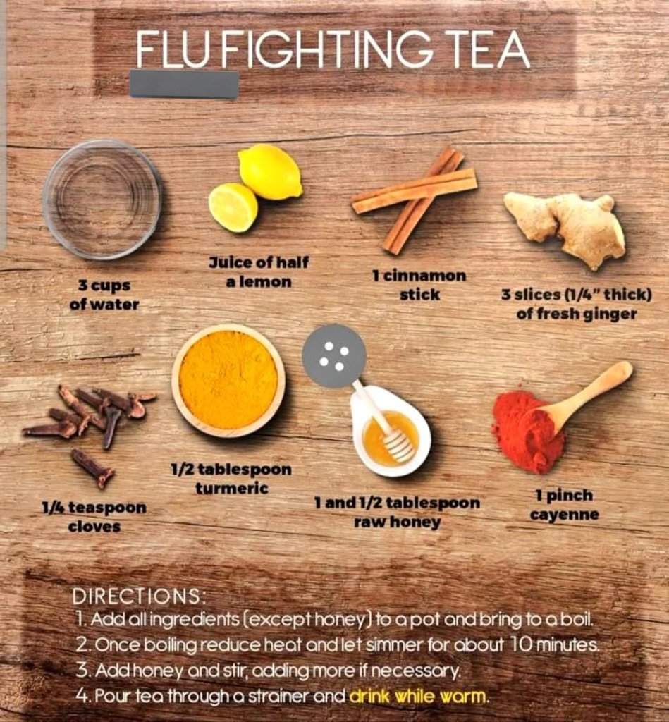 ononoherbals's tweet image. 🚨 FLU FIGHTING TEA
➡️ Ingredients
3 cups of water
Juice of halfa lemon
1 cinnamon stick
3 slices (1/4" thick) of fresh ginger
1/4 teaspoon cloves
1/2 tablespoon turmeric
1 and 1/2 tablespoon raw honey
1 pinch cayenne pepper
➡️ DIRECTIONS:
1. Add all ingredients [except…