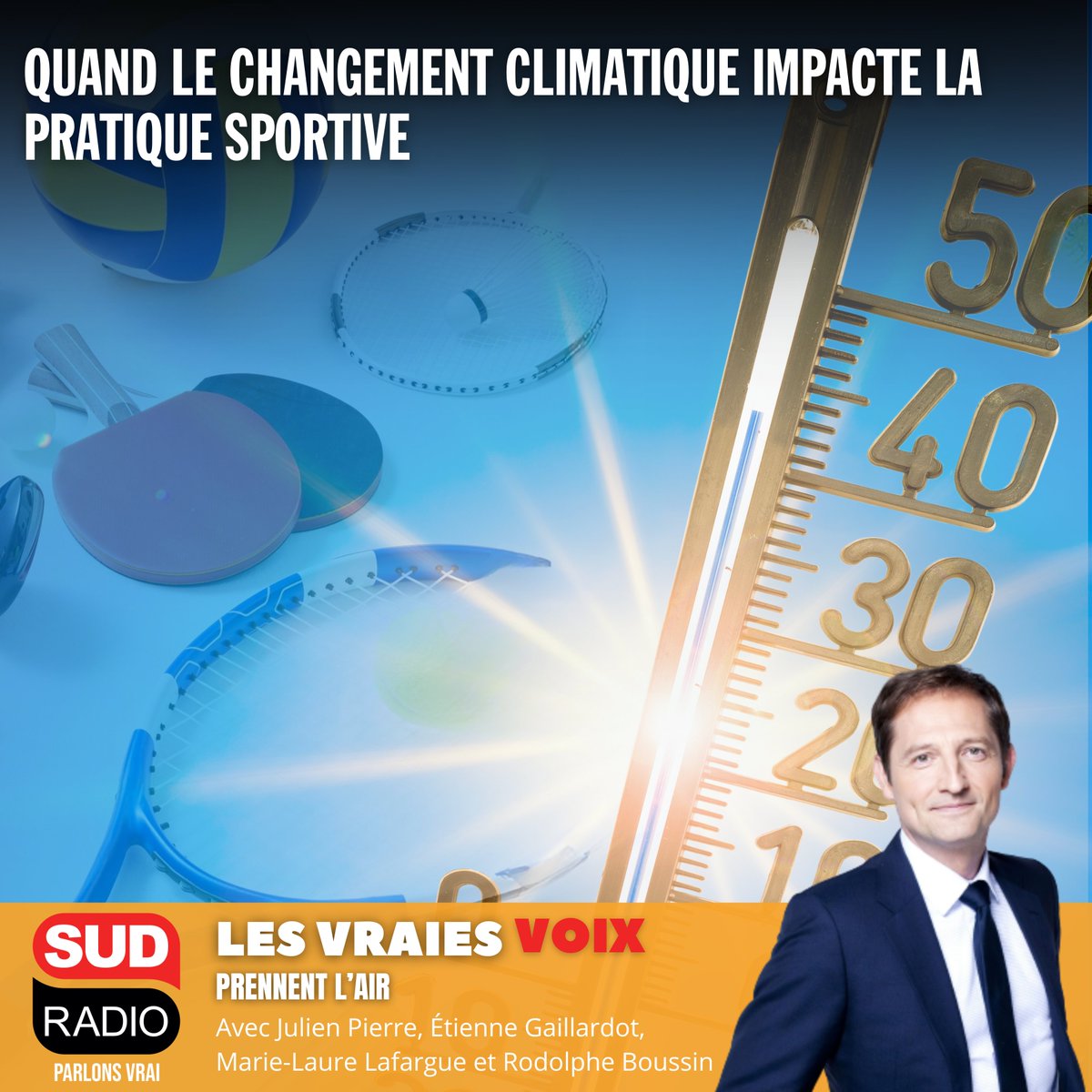 SudRadio's tweet image. 🟠 #LesVraiesVoix prennent l'air | @BrindelleFrdric
▪️Quand le changement climatique impacte la pratique sportive
🎙️ @JulienPierre4, Président @FairPlay4Planet, Étienne Gaillardot, President EMBAR, @lafargue16, Directrice Générale @BasketLandes et Rodolphe Boussin, Directeur…