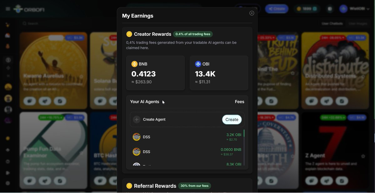 BenjeOuss's tweet image. Ok, the rewards started kicking in. Just earned $263 in $BNB and $12 in $OBI in 1 day. Fees coming from 2 different agents
Sending the $ to anyone who creates a crazy ( but useful, and tradable) agent on @Orbofi
not much, but it's honest work