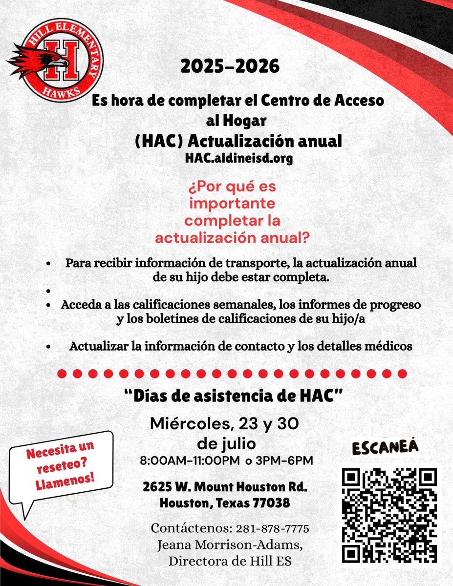 This is a reminder that if you have NOT yet completed the annual update, please complete it by August 1st! This will ensure your student has transportation to and from school and will also update their lunch and medical information. Contact us today! 
 hac.aldineisd.org