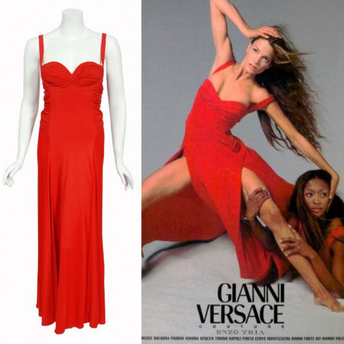 vickyhaddock's tweet image. American model and actress Stephanie Seymour was born #OnThisDay in 1968. She was photographed alongside Naomi Campbell by Richard Avedon in 1993 modelling this Gianni Versace couture red silk jersey bustier gown. Sold by @TimelessVixen. #FashionHistory