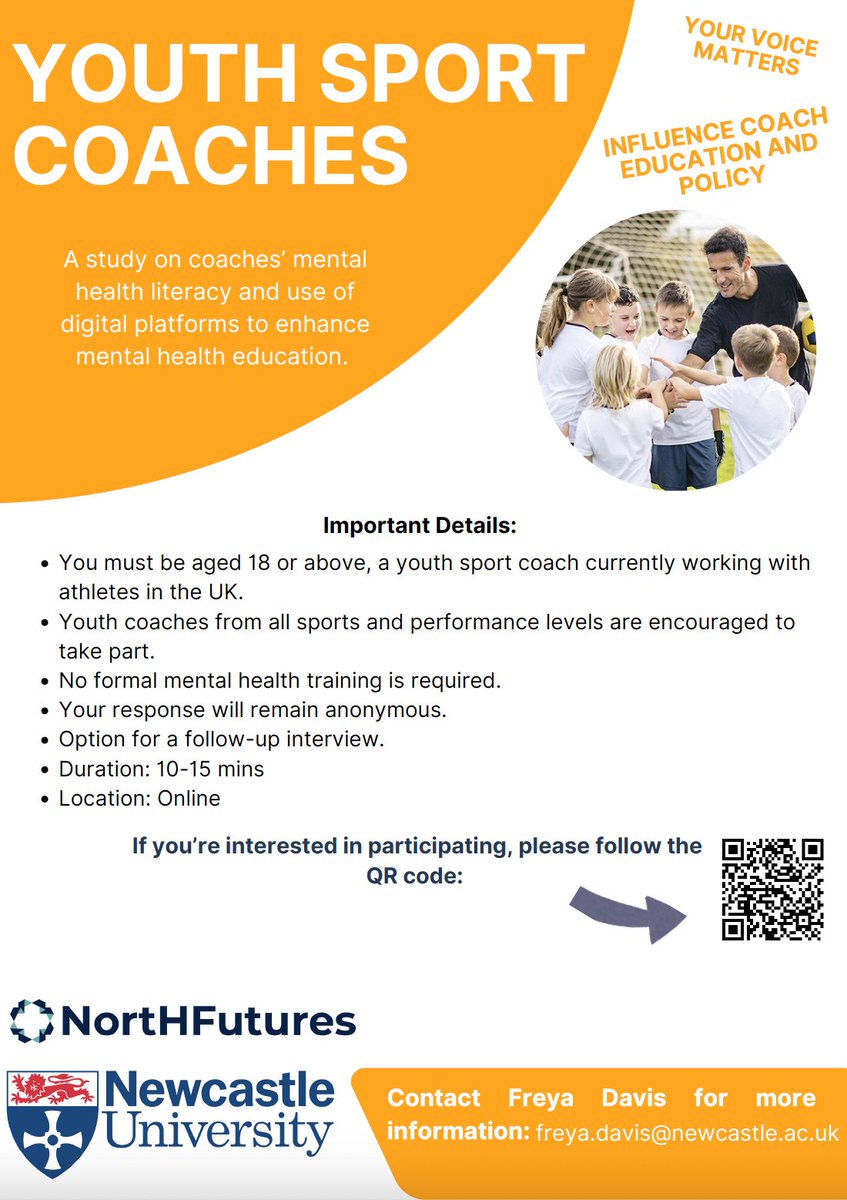 Adamcuzz's tweet image. Coaches working with youth athletes! Please help us better understand mental health literacy and use of digital tools to improve mental health 🧠⚽️🏀
This will help you to reflect on how you can positively support the mental health of your athletes. Thx!
nclbiomedical.eu.qualtrics.com/jfe/form/SV_5m…