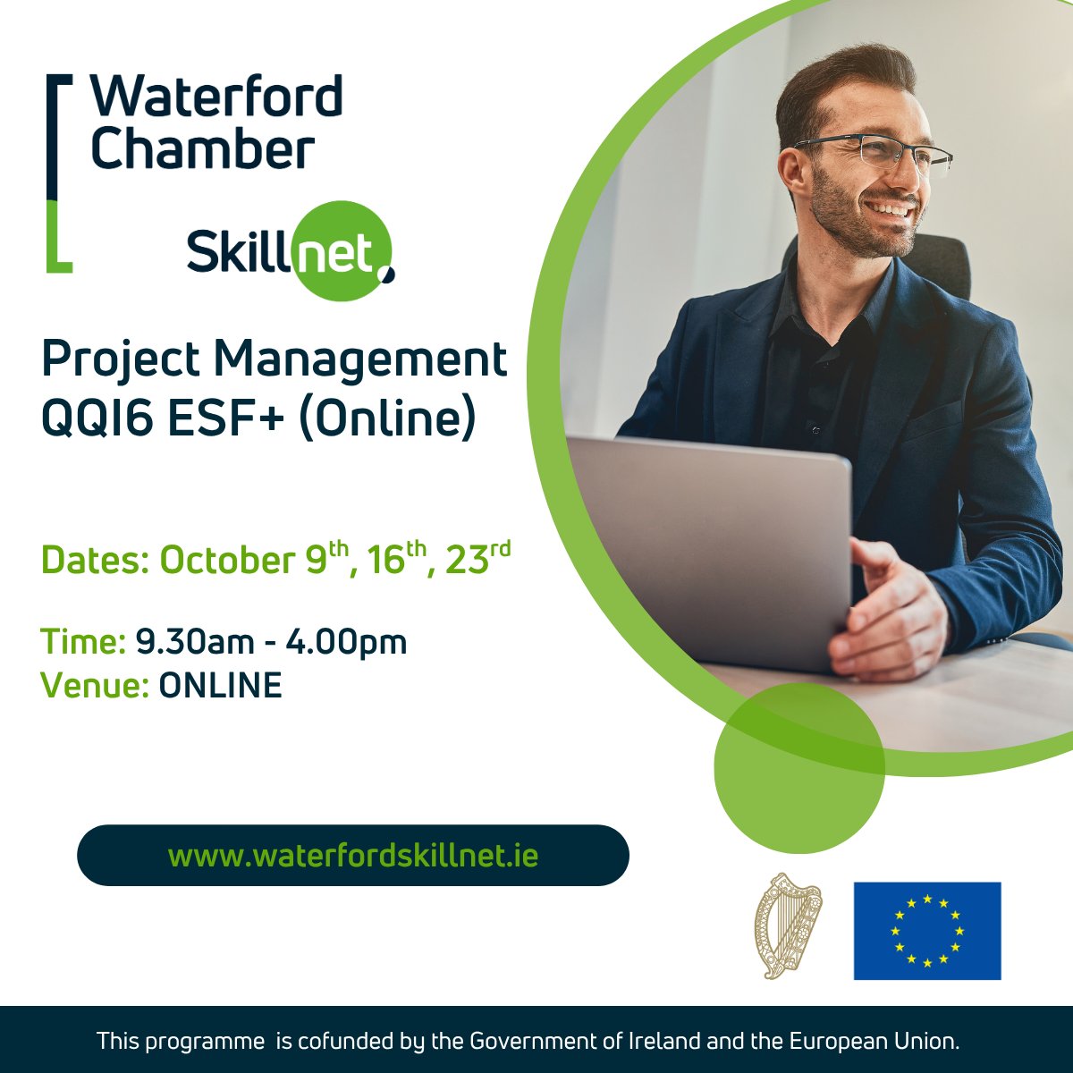 QQI6 Project Management ESF+ 📌
📆Date: 9th, 16th and 23rd of October
⏰Time: 9:30am-4:00pm
📍Venue: Online
💻Registration: waterfordskillnet.ie/available-clas…
This Waterford Chamber Skillnet Programme is co-funded by the Government of Ireland and the European Union eufunds.ie