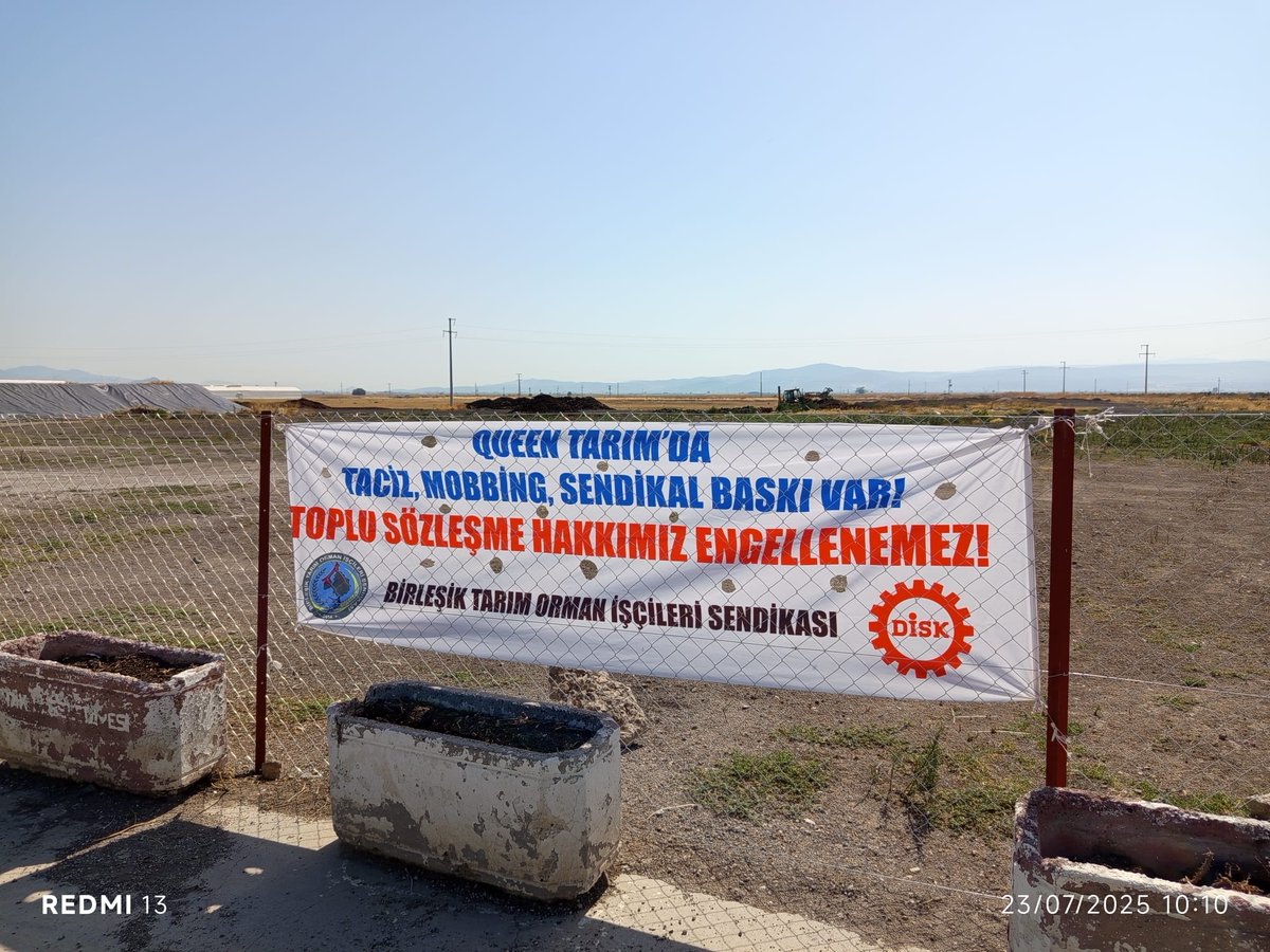 📍İzmir | Dikili | Queen Tarım
Direnişimizin 21. günü.
Kavurucu sıcağa rağmen 21 gündür kapıdayız.
Ne yıldık, ne vazgeçtik.
Bu direniş, emeğimizin, onurumuzun ve geleceğimizin direnişidir.
İşimizi geri alana, sendika hakkımız tanınana kadar buradayız.
Çünkü biz haklıyız.
Ve