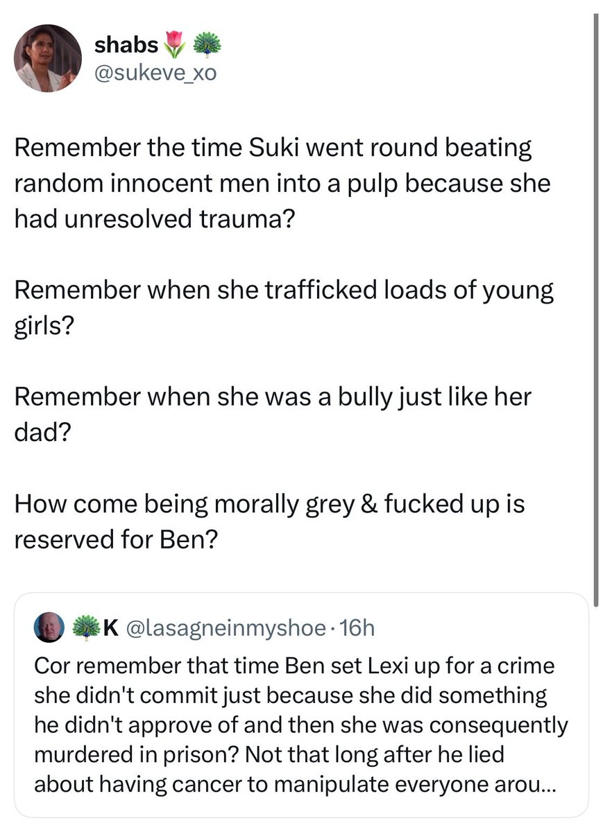 lasagneinmyshoe's tweet image. You have me blocked why you quoting me?
"Innocent men" is an interesting way to refer to homophobes
Bens not morally grey, hes a (fictional) dick whose done terrible things. But we love him anyway
Also my tweet was a subtweet of scouts so theres no confusion.
(I like suki)