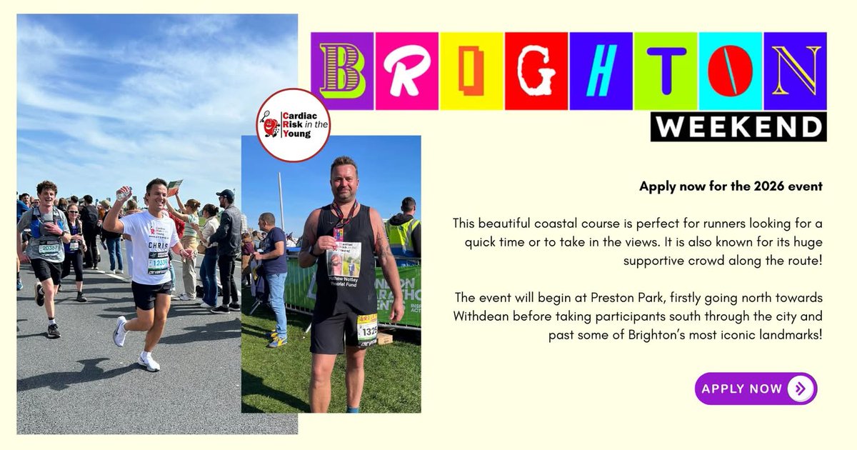 CRY_UK's tweet image. Charity places are now open for the Brighton Marathon 2026! 🏃♂️🌊
This fast coastal course, taking place on 12th April 2026, is ideal whether you’re aiming for a personal best or just want to enjoy the sea views. With thousands of supporters lining the route, the atmosphere is…