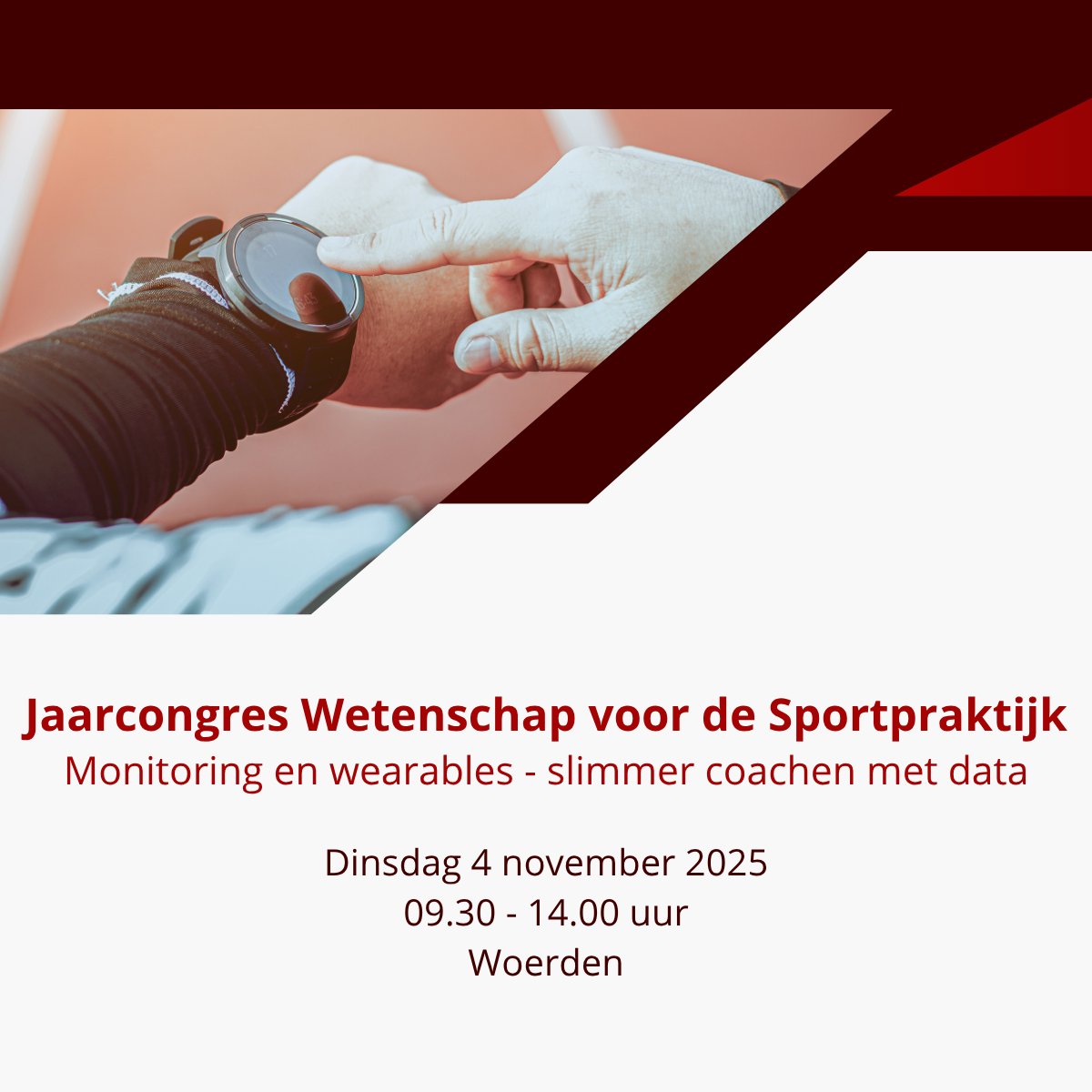 Op 4 november vindt het Jaarcongres Wetenschap voor de Sportpraktijk plaats met als thema monitoring &amp; wearables. Sprekers zijn <a href="/JosGoudsmit/">Jos Goudsmit</a> <a href="/BasVanHooren/">Bas Van Hooren</a> <a href="/BjorndeLaat/">Bjorn de Laat</a> en Marit Bouwmeester <a href="/Marit_B/">Marit Bouwmeester</a> Wat kun je leren van deze experts en ervaringsdeskundige? ap.lc/abKIR