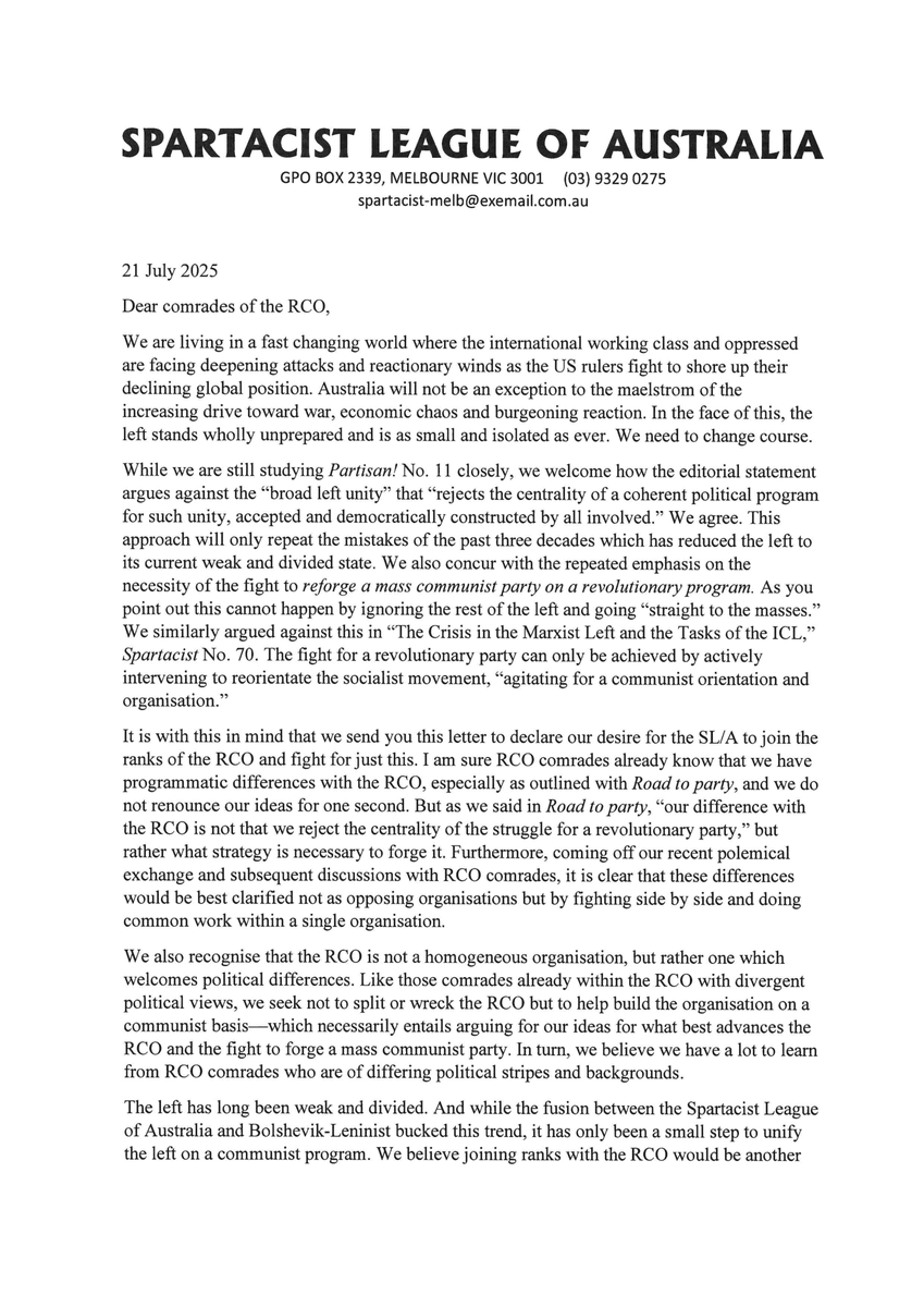 PartisanRCO's tweet image. The Spartacist League of Australia has sent a letter to the Revolutionary Communist Organisation (RCO) calling for unity and stating their desire to join the RCO.
partisanmagazine.org/2025/07/23/spa…