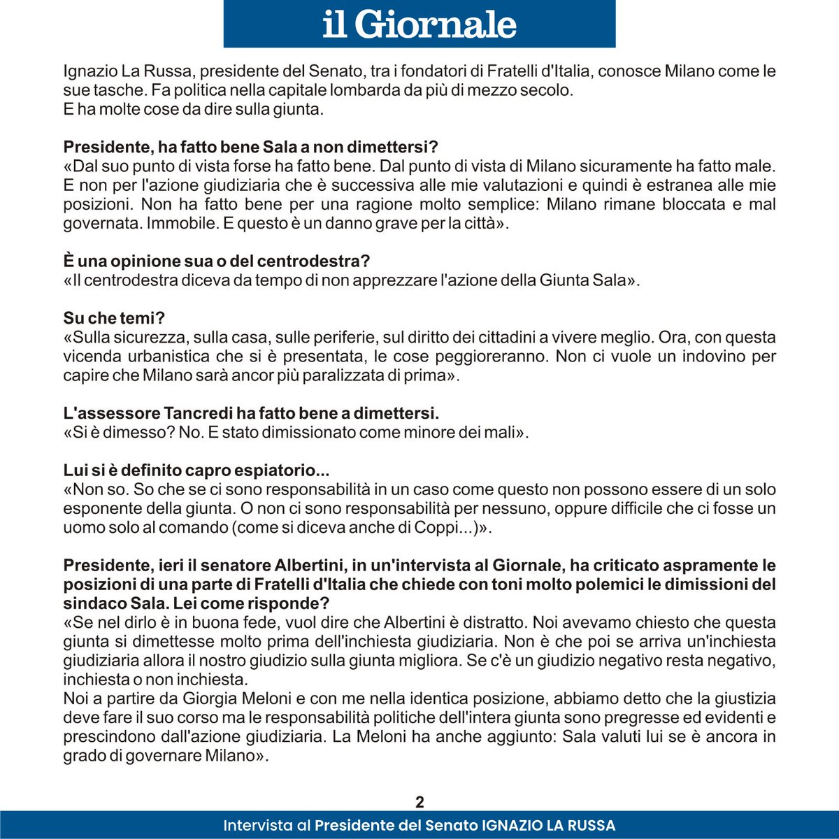 Ignazio_LaRussa's tweet image. Leggi la mia intervista a “Il Giornale”.