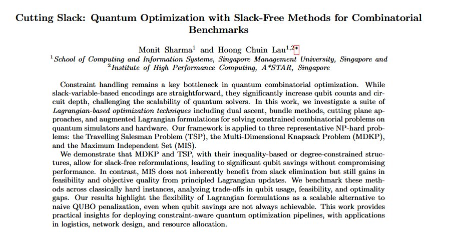 _MonitSharma's tweet image. New paper alert! "Cutting Slack" (arXiv: 2507.12159v2) tackles a major bottleneck in #QuantumOptimization: constraint handling. We show how to eliminate slack variables for leaner, more powerful circuits. 👇