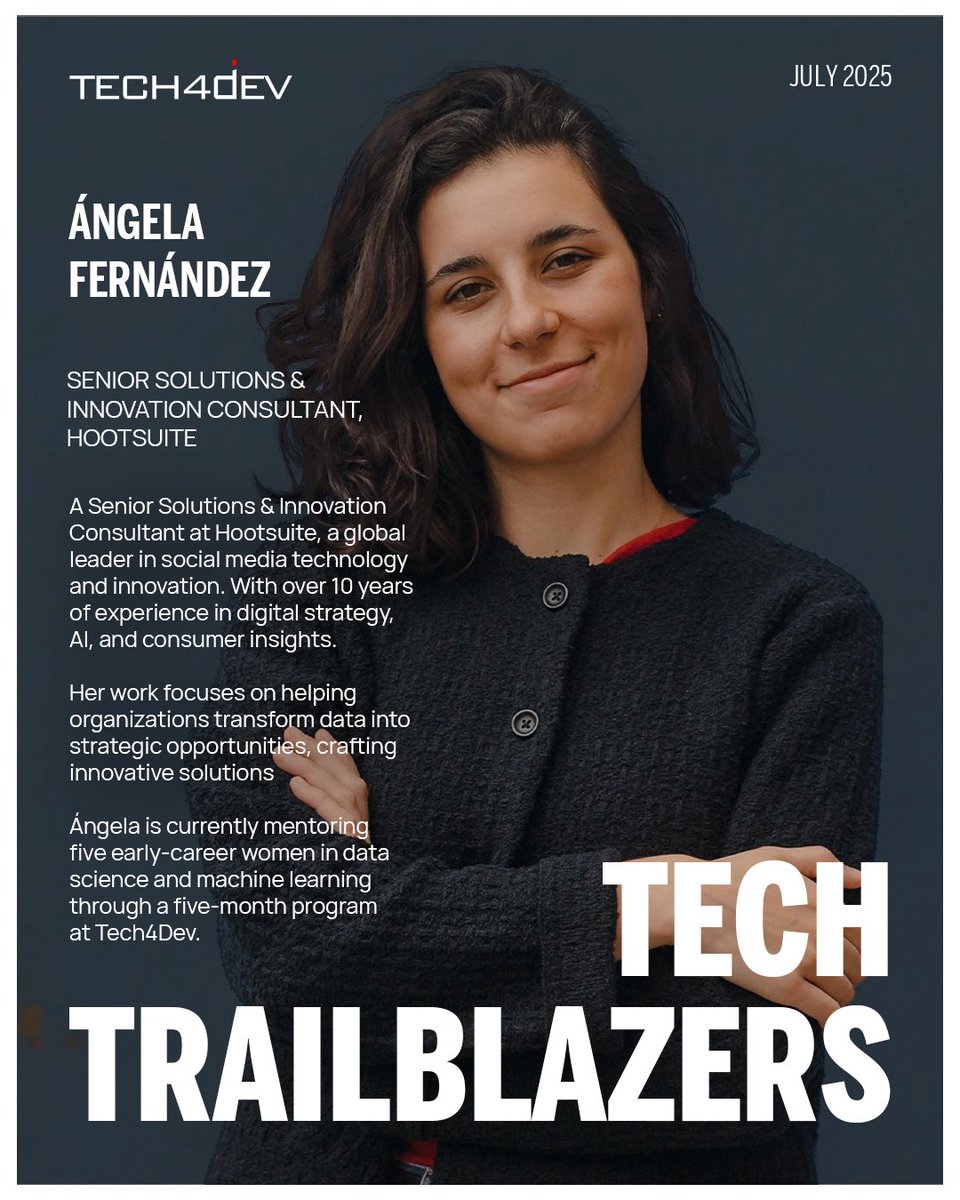 Tech4DevHQ's tweet image. Our Tech Trailblazer for the Month of July is Ángela Fernández!
Ángela Fernández is a Senior Solutions & Innovation Consultant at Hootsuite, a global leader in social media technology and innovation.
With over 10 years of experience in digital strategy, AI, and consumer…