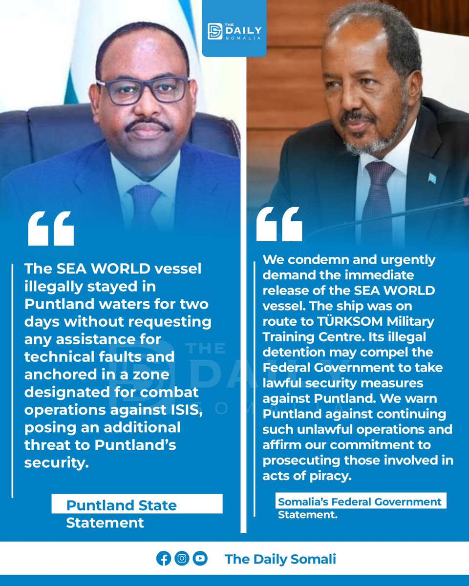 TheDailySomalia's tweet image. 🚨Puntland said the SEA WORLD vessel was anchored in an area designated for combat operations against ISIS, while the Federal Government said its illegal detention could lead to lawful security action against Puntland.