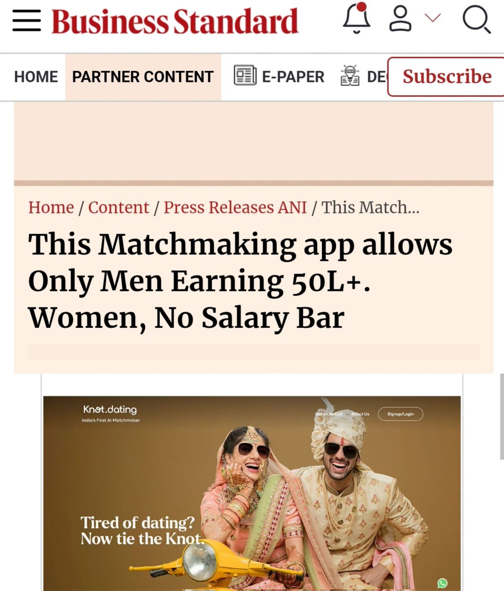 TimesAlgebraIND's tweet image. Knot Dating app launched with a new matrimonial model: only men earning ₹50 lakh or more can join, while women face no income bar.
Powered by AI and human-assisted matchmaking. Knot.dating
“It’s not about money, it’s about ambition,” says CEO Jasveer Singh.