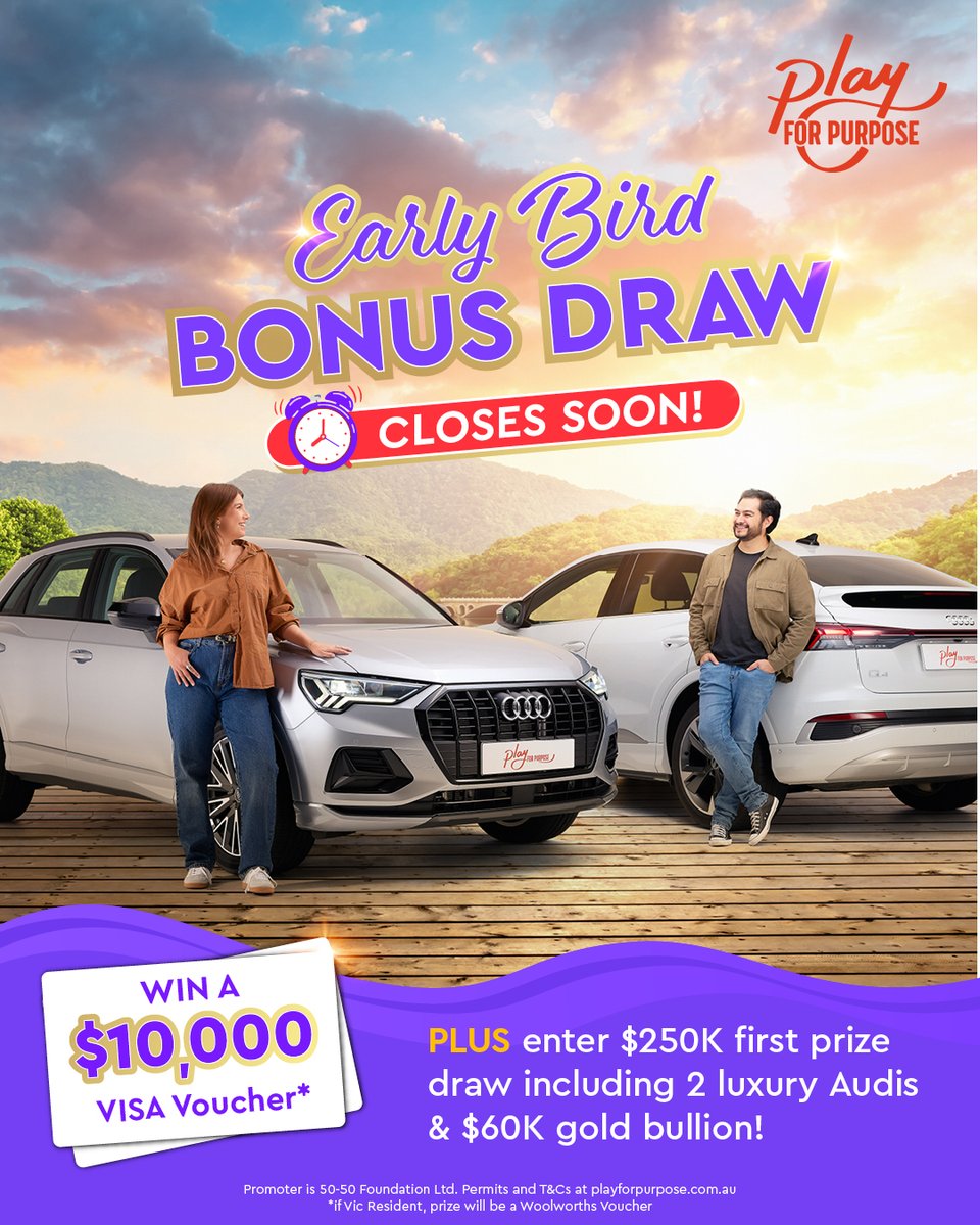 For just a $10 ticket you could win 2 cars plus $60K in gold bullion in the latest Play For Purpose raffle!
Plus, buy your ticket by 6 August and you'll also go into the Early Bird Bonus Draw.
AutoPlay Members have even more chances to win! 
Buy here: playforpurpose.com.au/ausee