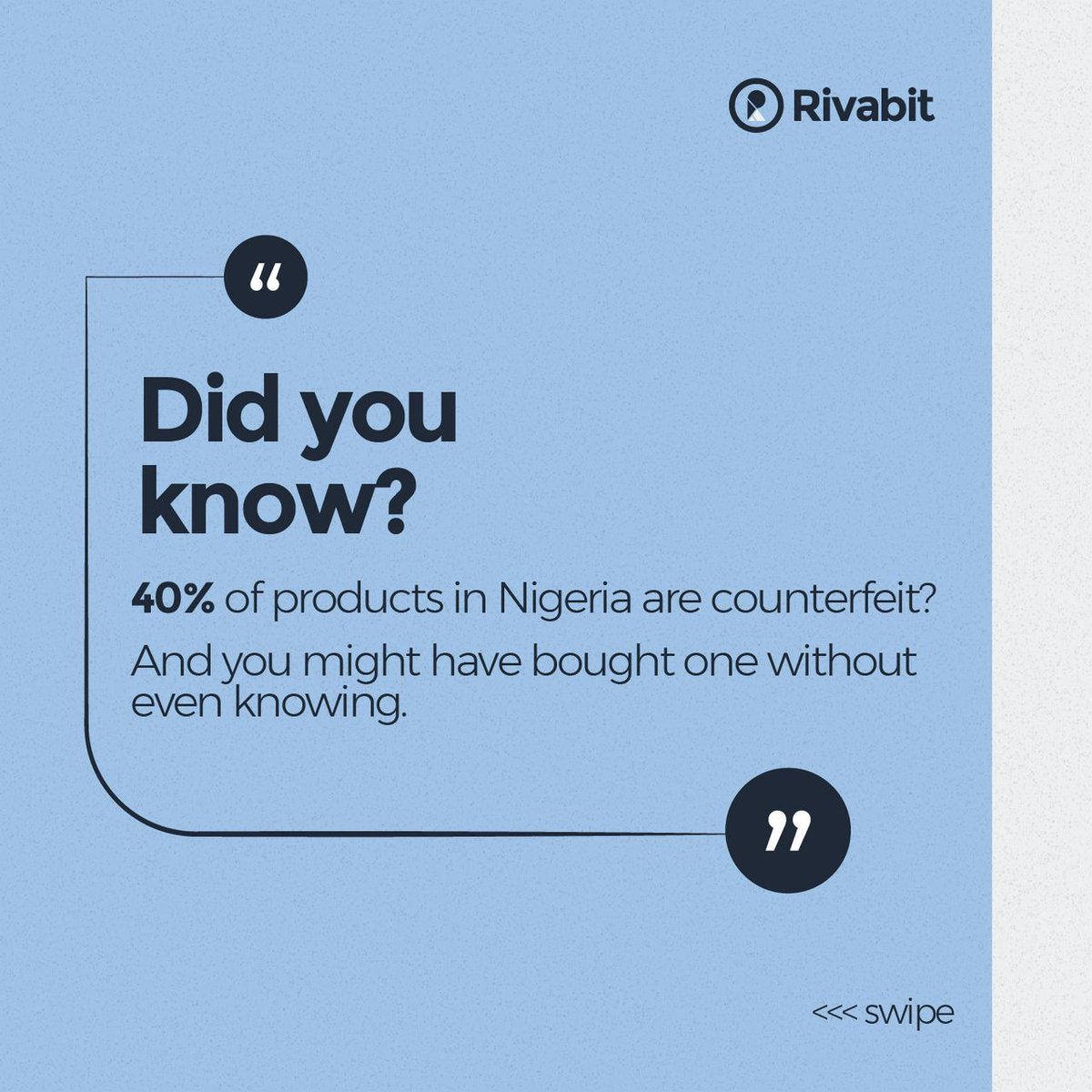 Mhodope's tweet image. Counterfeit products, especially food, drugs, and cosmetics, pose serious health risks in Nigeria. With Rivabit, brands can prove their products are authentic, ensuring safety and building trust with customers. By joining the waitlist rivabit.com