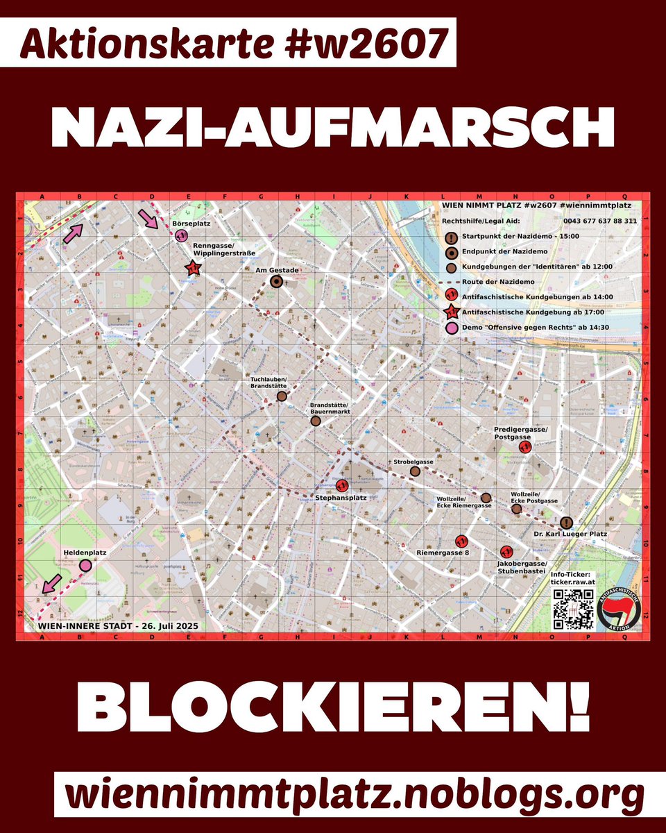 AKTIONSKARTE - WIEN NIMMT PLATZ

Wir werden uns gemeinsam dem rassistischen Aufmarsch der „Identitären“ am 26. Juli entgegensetzen! 🪑✊

🗺️ Alle Infos zu den Gegenprotesten und zur Route der Nazis findest du auf unserer Aktionskarte!