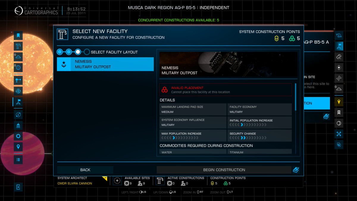 PhoenixBlue0's tweet photo. Attn: @EliteDangerous -

Colonization in #EliteDangerous appears to be broken. Attempting to add a colonization project results in an "Invalid Placement" error. 

Issue Tracker Link: https://t.co/a9gd9xjFES. https://t.co/zODlJdhyC2