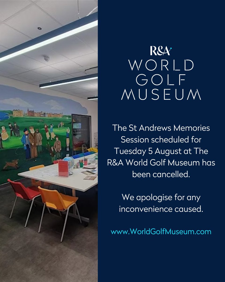R&A World Golf Museum (@worldgolfmuseum) on Twitter photo Important Notice - St Andrews Memories
The St Andrews Memories Session scheduled for Tuesday 5 August at The R&A World Golf Museum has been cancelled.
We apologise for any inconvenience caused.
<a href="/StAHeritage/">St Andrews Heritage Museum & Garden</a> Important Notice - St Andrews Memories
The St Andrews Memories Session scheduled for Tuesday 5 August at The R&A World Golf Museum has been cancelled.
We apologise for any inconvenience caused.
<a href="/StAHeritage/">St Andrews Heritage Museum & Garden</a>